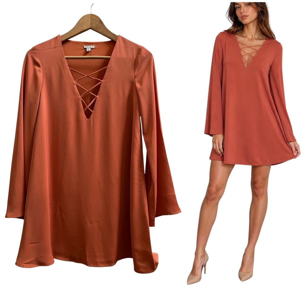 Ecote Terracotta Earthy Front Criss Cross Detail Bell Sleeves Swing Dress XS